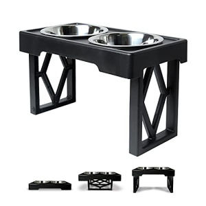 Pet Zone Designer Diner Adjustable Elevated Dog Bowls - Adjusts to 3 Heights, 2.75?, 8", & 12'' (Raised Dog Dish with Double Stainless Steel Bowls) Black