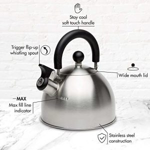 Primula Stewart Whistling Stovetop Tea Kettle Food Grade Stainless Steel, Hot Water Fast to Boil, Cool Touch Folding, 1.5 Qt, Brushed with Black Handle - Image 8