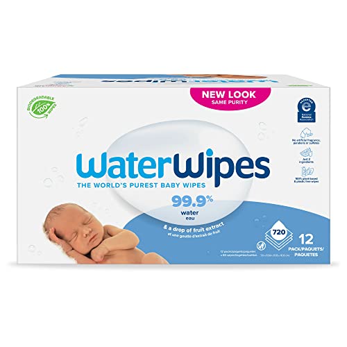 WaterWipes Biodegradable Original Baby Wipes,?99.9% Water Based Wipes, Unscented & Hypoallergenic for Sensitive Skin, 60 Count (Pack of 12) - Packaging May Vary