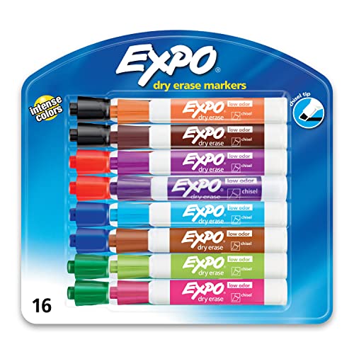 EXPO Low Odor Dry Erase Markers, Chisel Tip, Assorted Colors, 16 Pack