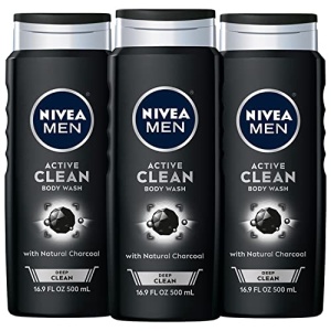 NIVEA MEN DEEP Active Clean Charcoal Body Wash, Cleansing Body Wash with Natural Charcoal, 3 Pack of 16.9 Fl Oz Bottles