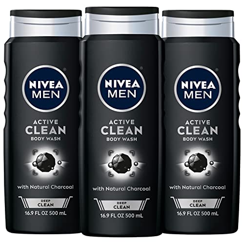 NIVEA MEN DEEP Active Clean Charcoal Body Wash, Cleansing Body Wash with Natural Charcoal, 3 Pack of 16.9 Fl Oz Bottles