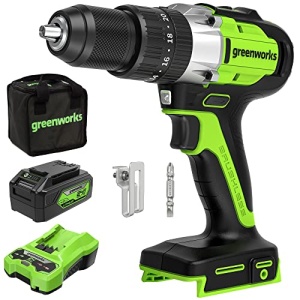 Greenworks 24V Brushless Cordless Hammer Drill Kit, 530 in./lbs Torque, 20+1 Position Clutch, 1/2 '' Keyless Chuck, Variable Speed, (1) 4Ah USB (Power Bank) Batteries and Charger, LED Light